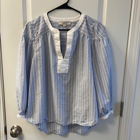 LOFT Tops - LOFT Blue Puff Sleeve Mandarin Collar Blouse